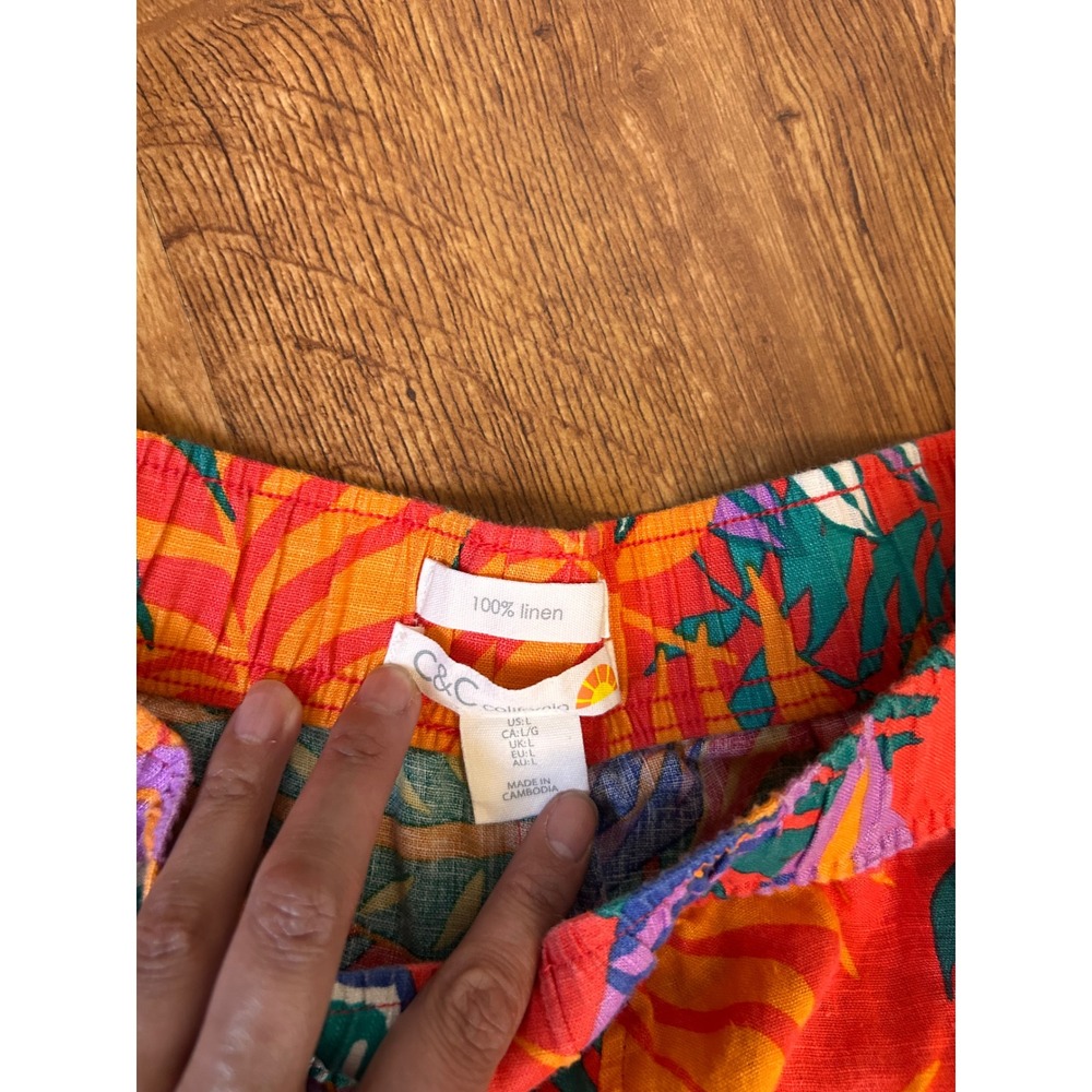C&C California Linen Tropical Print Wide Leg Pants Orange floral print w/ flaws - Picture 5 of 8